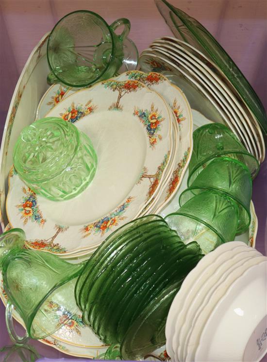 J & G Meakin Sunshine pattern teawares and green glass